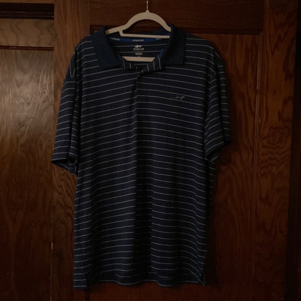 Like New Greg Norman Attack Life Navy and Turquoise Striped Polo size XXL